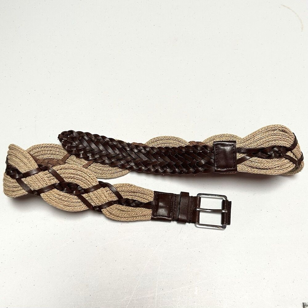 Talbots‎ Braided Linen Leather Belt Woven Stretch Tan Brown M/L Boho